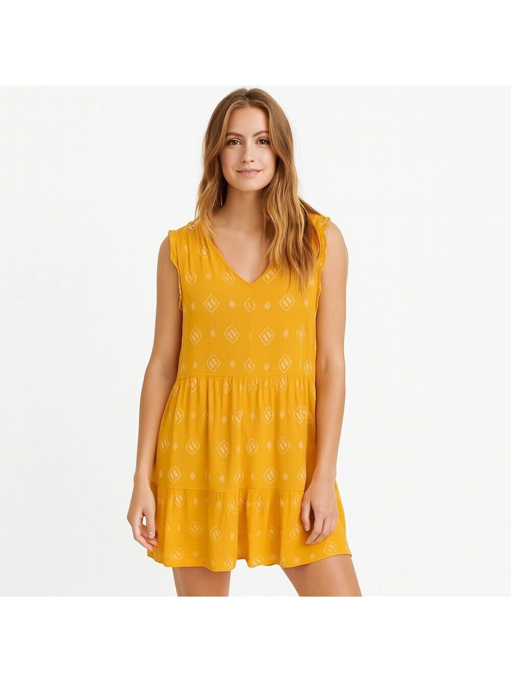 Ivy Tiered Ruffle Dress L Yellow Patterned Sleeveless Flowy Lightweight Summer